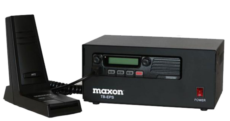 Maxon Base Station using the TM-8204 TM-8102 TM-2102 TM-2402 TM-8000/2000 Series Maxon 512 Channel 50/40/25 Watt Mobile Radio with TB-EPS Enclosure and ACC-802M Desk Microphone